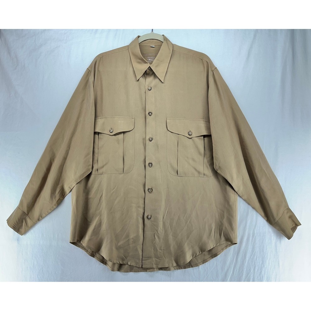 Barry Bricken Mens Tan Khaki Safari Utility Long Sleeve Button Down Shirt Silk M
